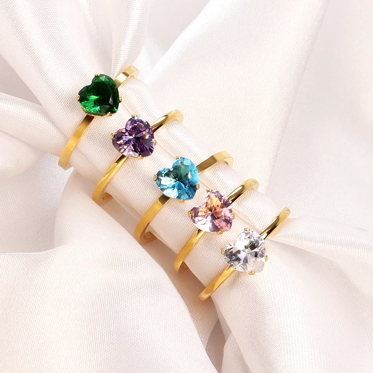 

Vintage Colorful Zircon Heart Ring 18k Gold Plated Stainless Steel Jewelry Manufacturers Cz Stone Ring Anniversary Engagement