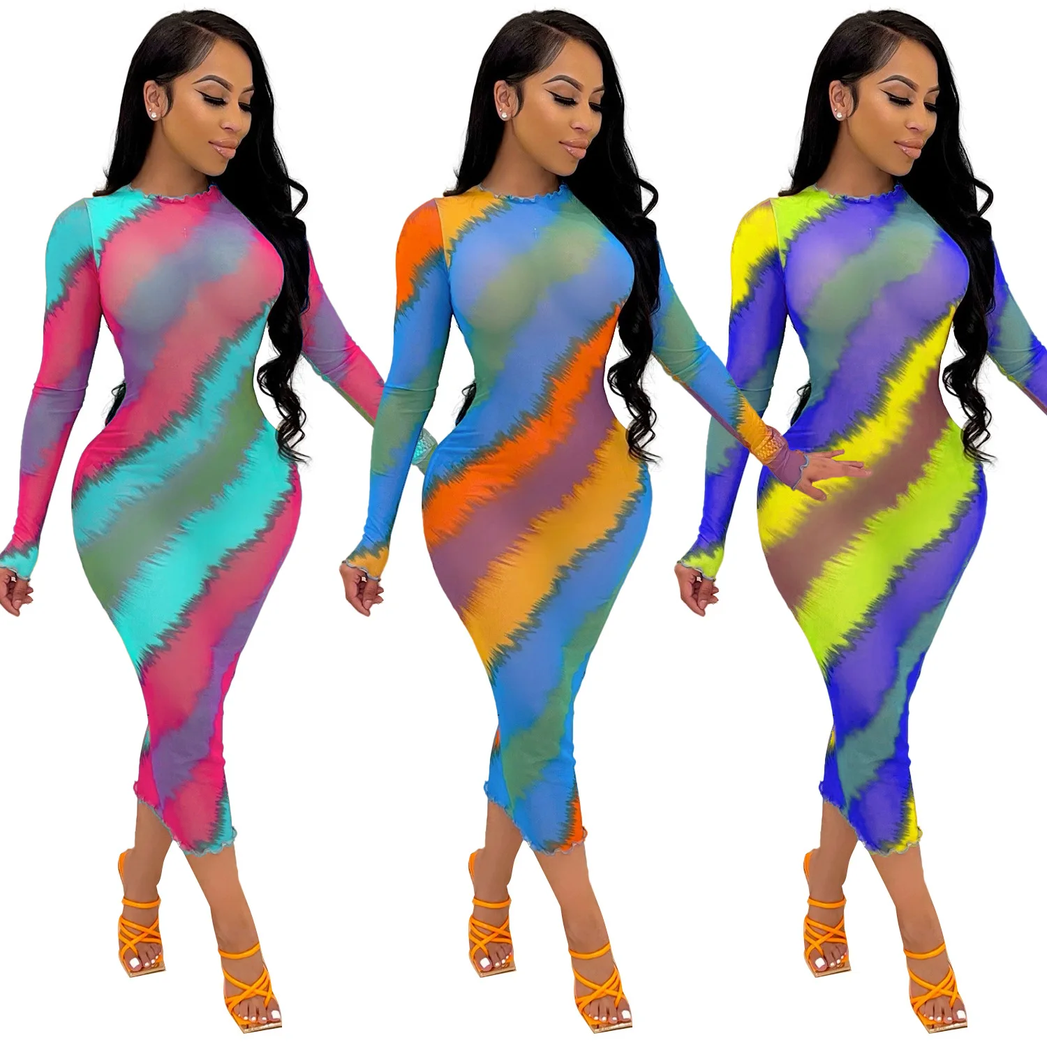 

OSM6127 Slim fit tight fitting long sleeved colored stripes printed fungus women dress, 3 colors