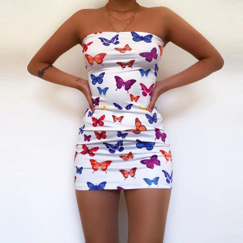 

X00463S 2020 Butterfly print strapless casual dress, White