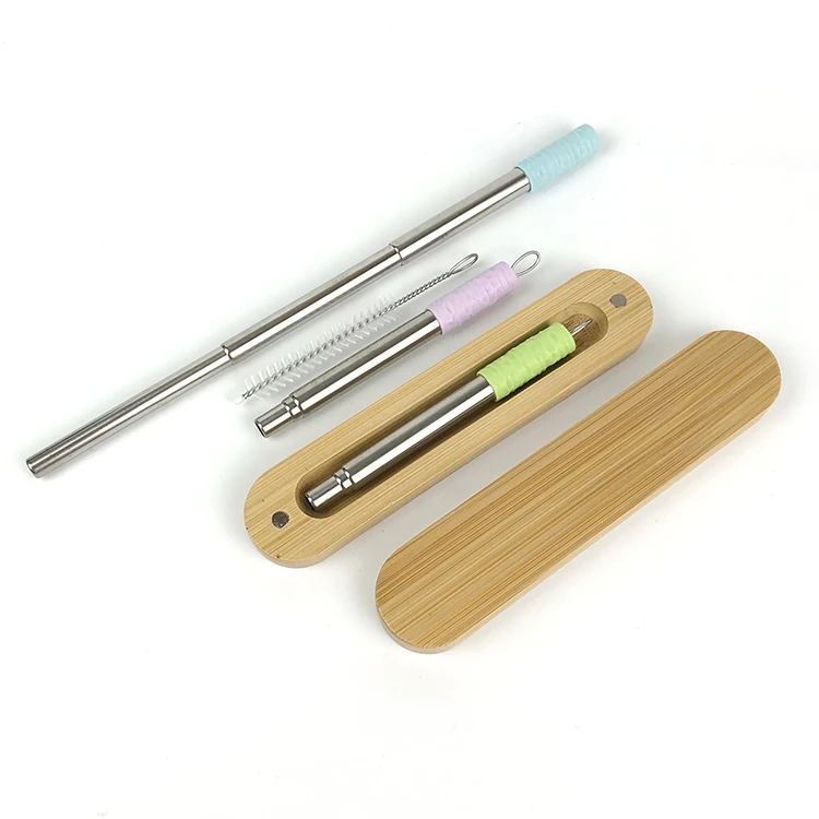 

304 Stainless Steel Reusable Drinking Collapsible Travel Metal Straw Telescopic Straw in Bamboo Case, Green, purple, blue