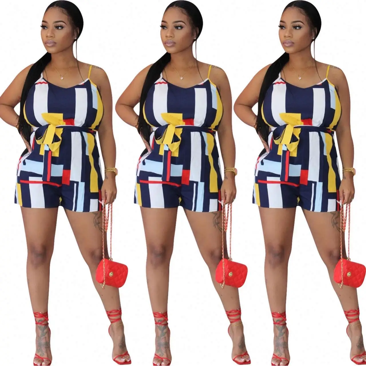 

CK Newest Design Spaghetti Strap Print Women Jumpsuits 2021 Casual Shorts Jumpsuits For Women With Sashes