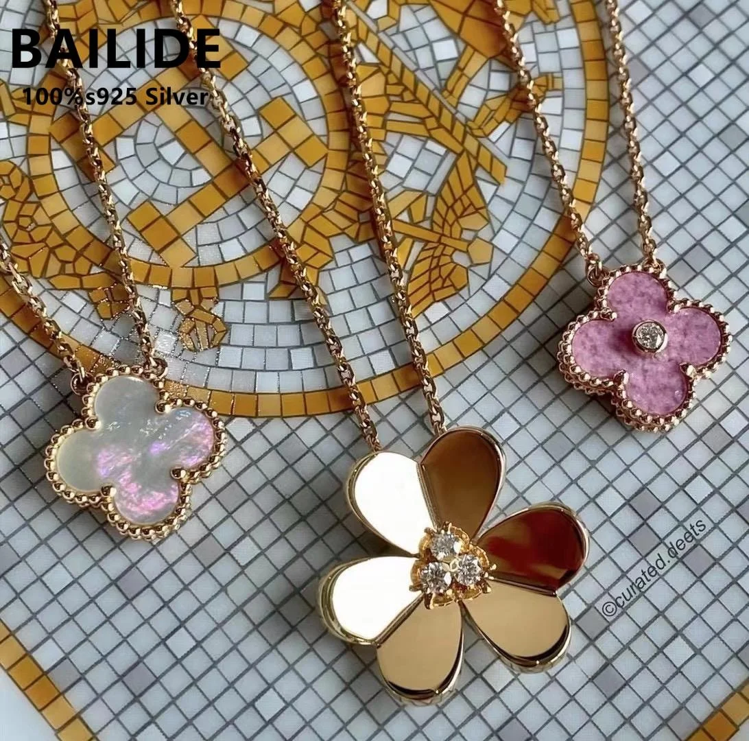

high quality S925 silver 2021 new VCA lucky four-leaf clover pink shell natural agate pendant female jewelry necklace