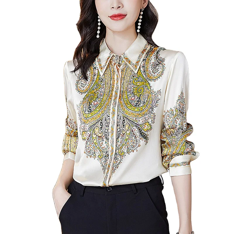 

Spring Autumn Real Silk Women Shirt Elegant Fashion Turn-down Collar Long Sleeve Vintage Print Natural Silk Lady Satin Blouse