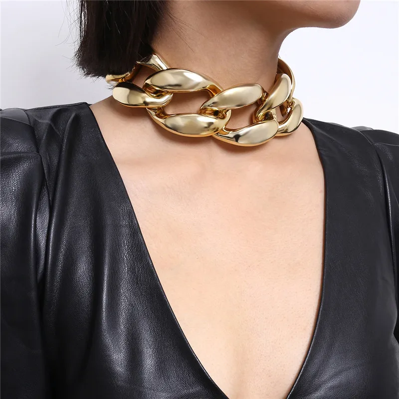 

New Fashion Punk Exaggerated Metal Large Thick Necklace Choker Vintage Cuban Link Clavicle Chain Collar for Women