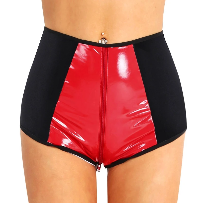 

iEFiEL Women Wetlook Leather Thong Briefs High Waist Zipper Crotch Sexy Underwear Rave Shorts Bottoms