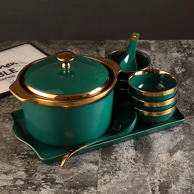 

green soup warmer pot With glass cover high-capacity pot soup porridge set soup pot nordic, Dark green