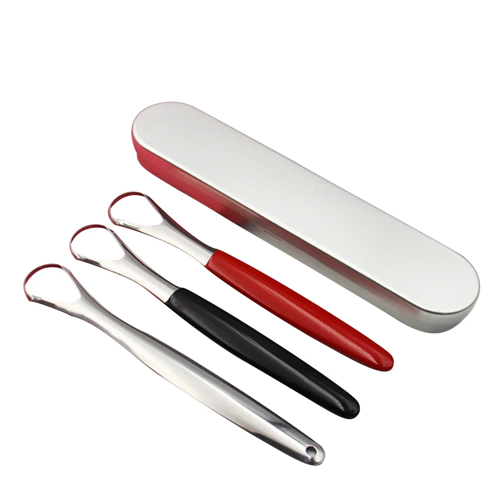 

Hot Selling Silver Black Red Three Color Handle Encapsulation 430 Stainless Steel Tongue Scraper Set, Silver,red,black