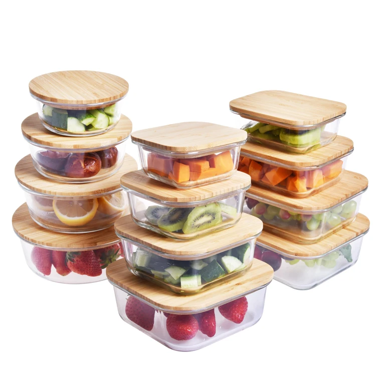 

New Design Eco-Friendly High Borosilicate Glass Storage Food Container With Bamboo Wood Lid