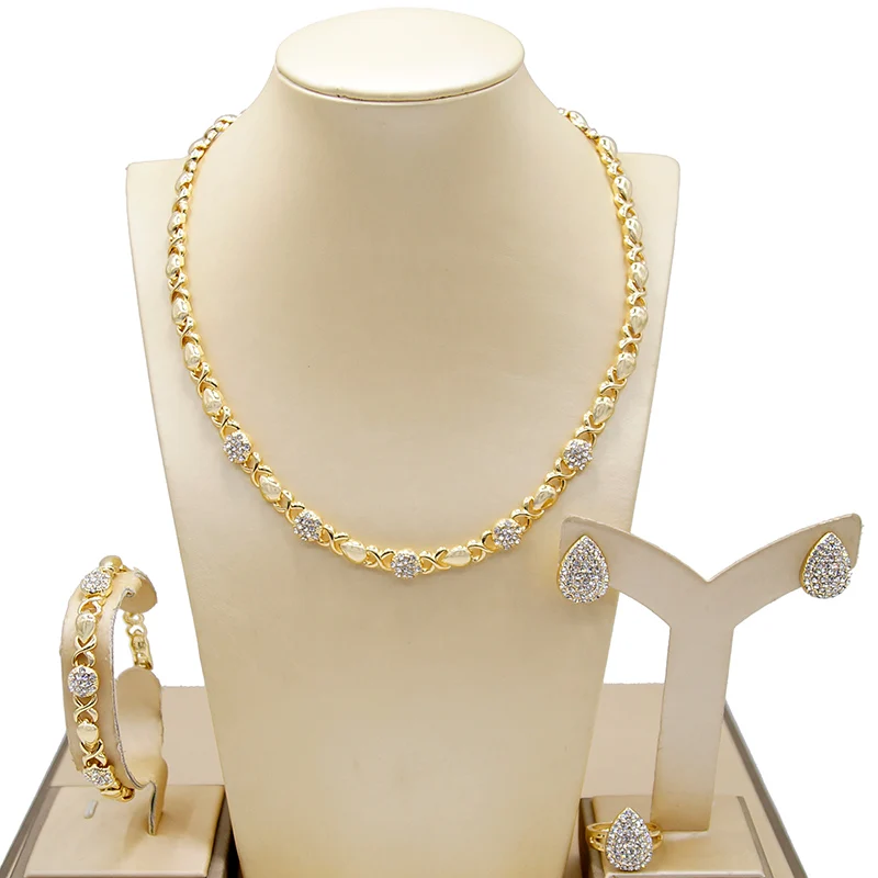 

18K Gold Plated Copper Alloy Rhinestone Necklace Jewelry Set Hug and Kiss Big Teddy Bear I Love You Xoxo Jewelry Set X0031