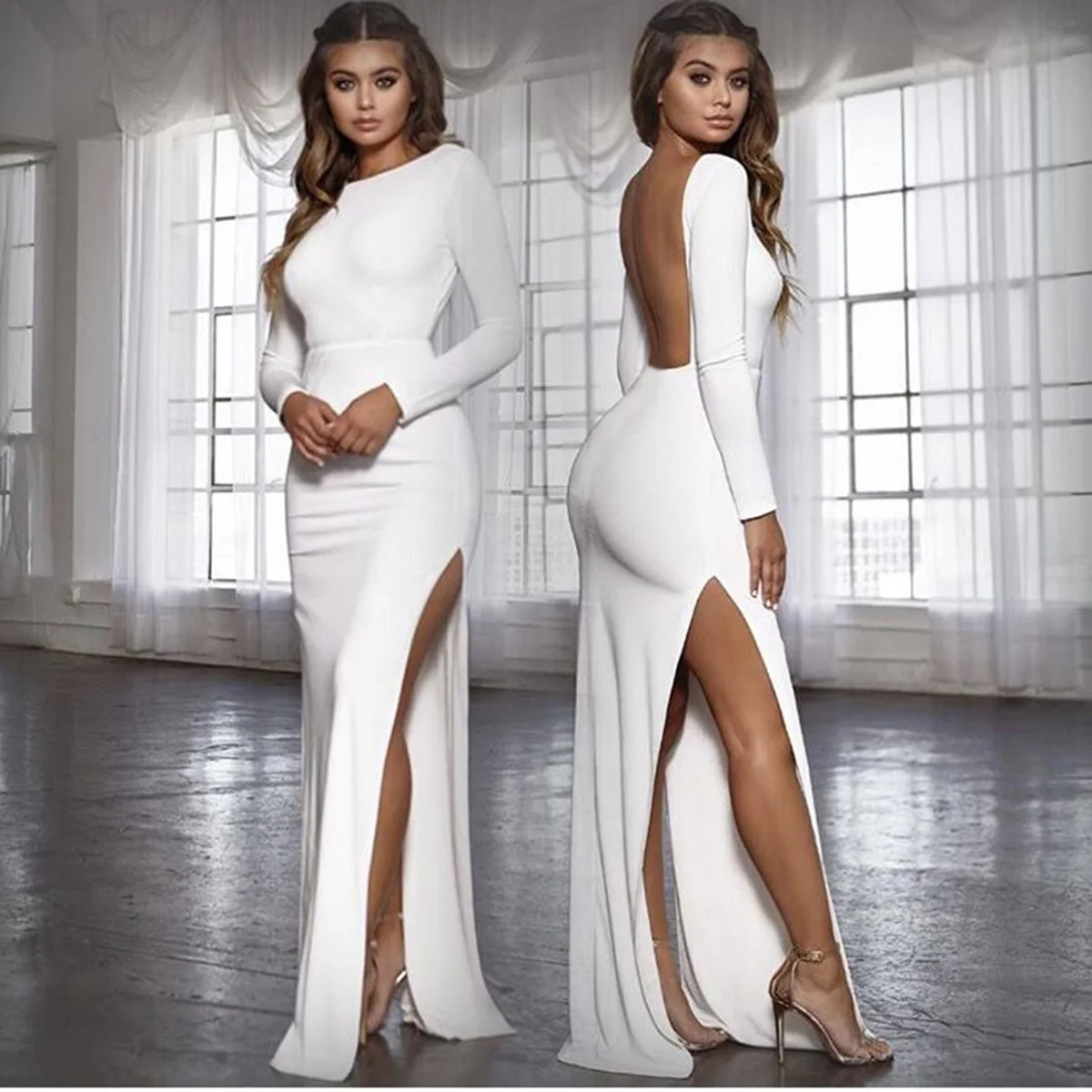 

Amazon Women Clothing Sexy Long Sleeve Backless Split Long Dress Plus Size Evening Party Dress