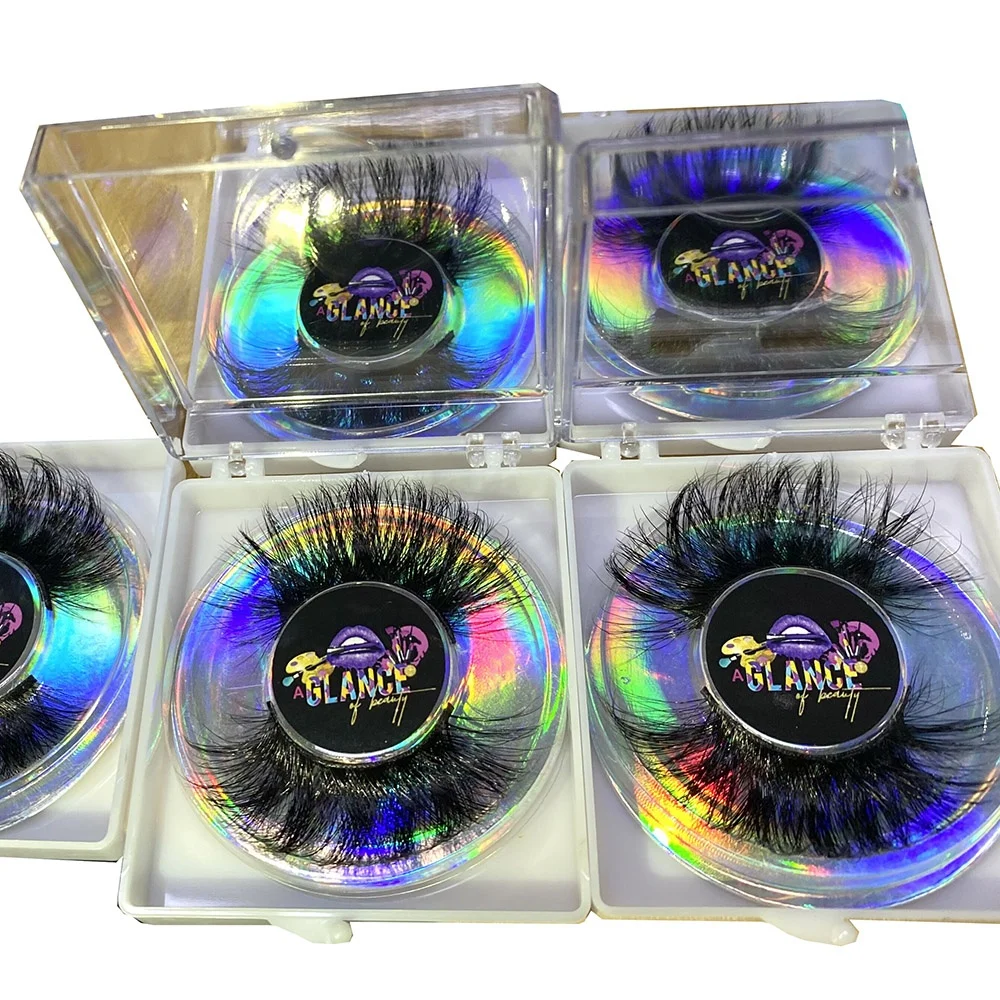 

wholesale 25mm lashbox packaging fluffy 3d Faux mink eyelashes vendor customized logo glitter acrylic round gold lash boxes case, Black