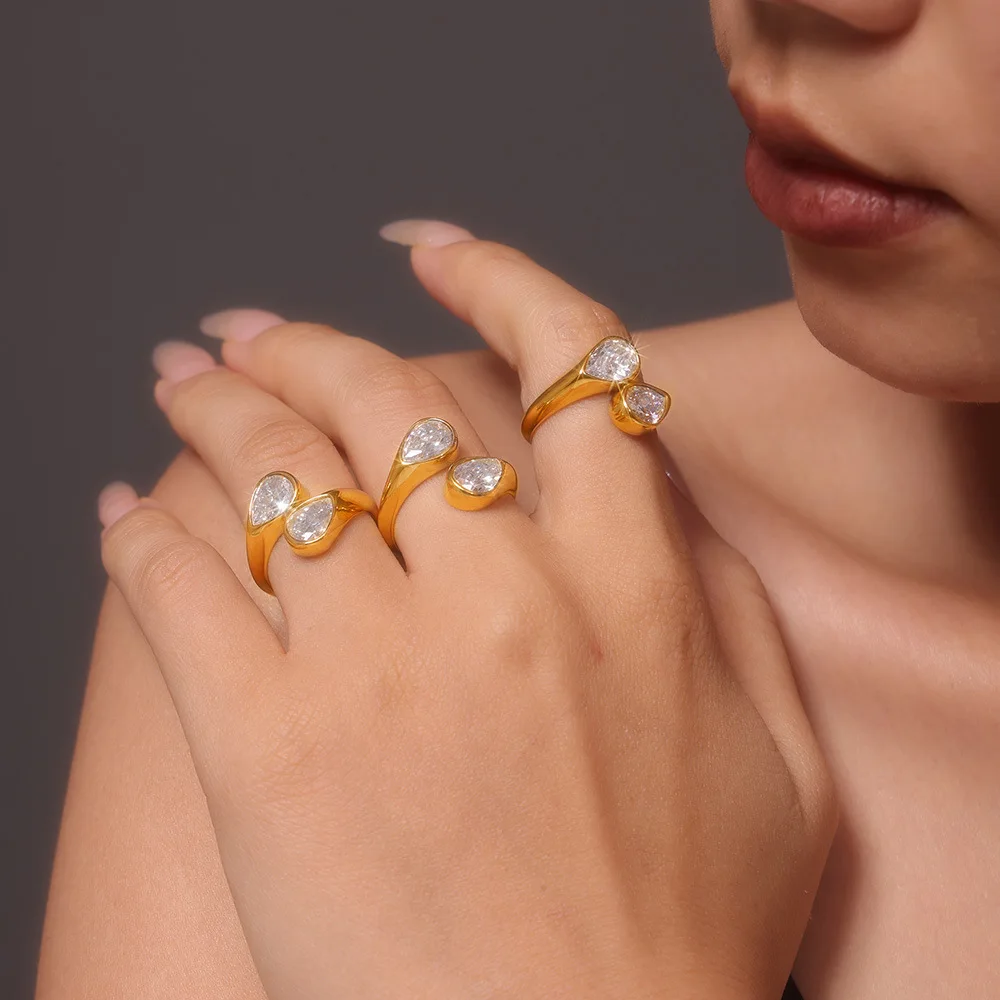 YF6059 Waterproof Stainless Steel Jewelry 18k Gold Plated Double Drop Zircon Open Ring Non Tarnish YF6059