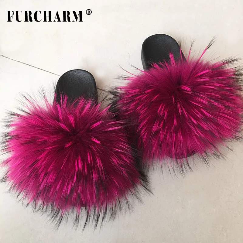 

2019 Fashion Women Plush Trimmed Natural Real Fur Slippers Slides Fur Sandals /Wholesale Custom Big Women Fox Fur Slides, Green, red, coffee, pink, black, white.