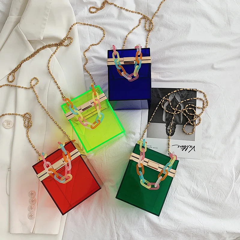 

Unique Candy Color Chain Colorful Mini Tote Pvc Square Transparent Evening Bag Acrylic Clutches And Evening Hand Bags Ladies, Any color is available