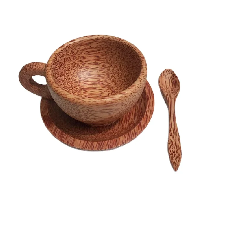 

Old Carpenter High Quality Natural Handmade Custom Gift Milk Drinking Coconut Wooden Tea Coffee Cup and Saucer Set with Spoon, Natural wood