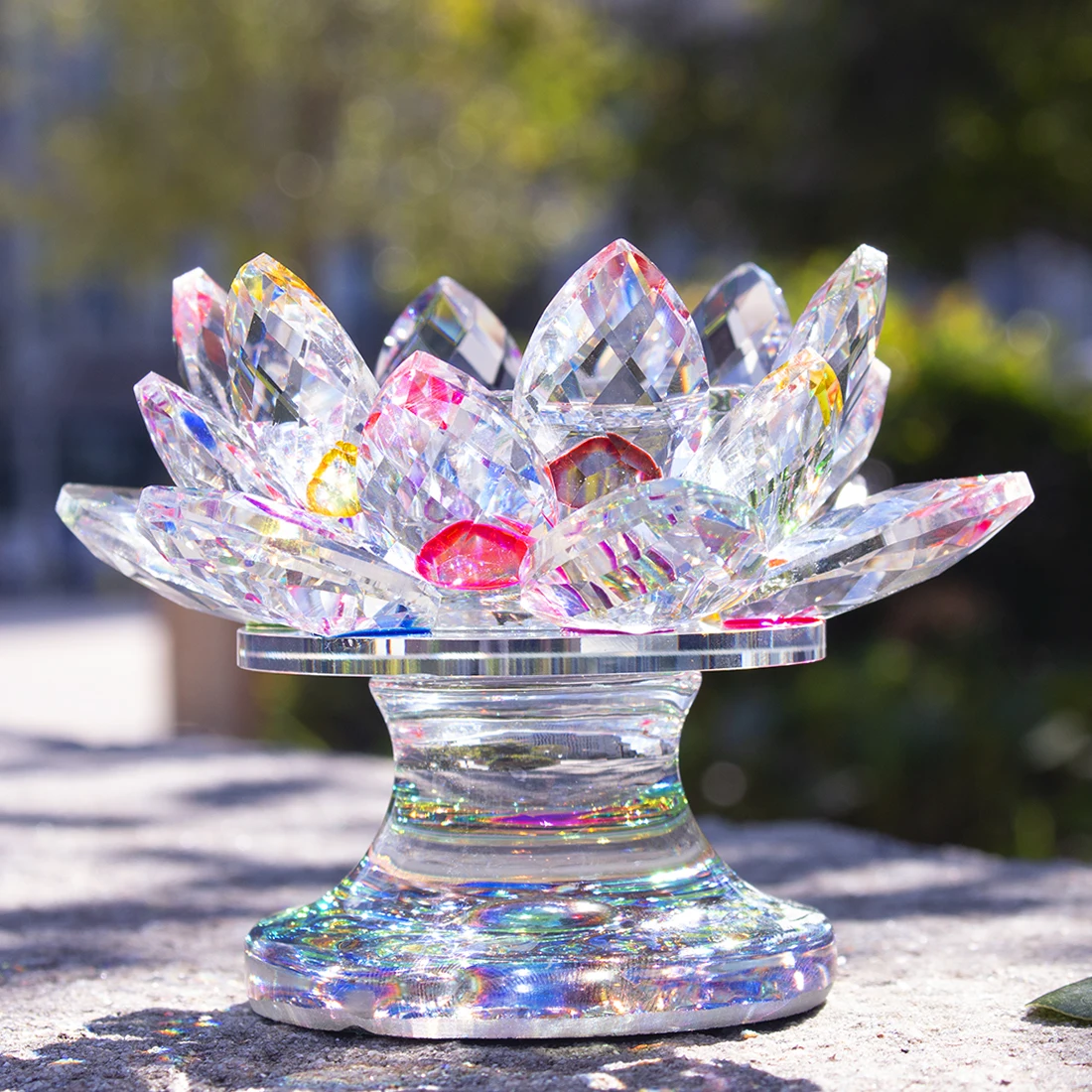 Crystal Lotus Flower Tealight Candle Holder Art With Gift Box Rainbow Multi 