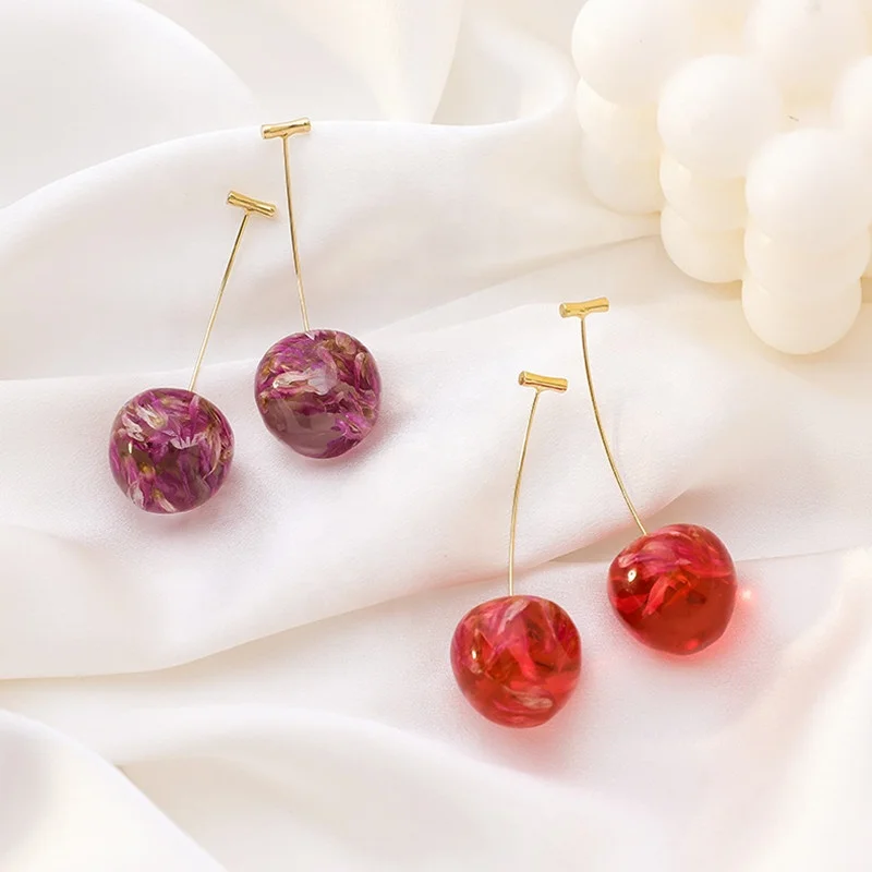 

Korean Cute Summer Alloy Cherry Petal Earrings Personality Niche Dried Flower Fruit Pendant Ear Gift Jewelry