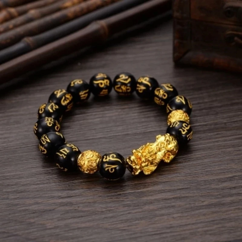 

Women's Men Feng Shui Bracelet Luck Wealth Buddha Black Obsidian Stone Beaded Bracelet Hombre Gold Charm Pixiu Bracelet Gifts