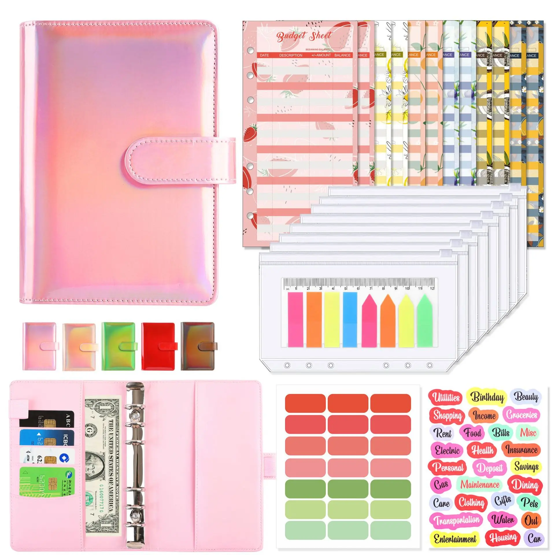 

wholesale all color A6 holographic pu leather notebook kits challenge budget binder planner sheets with cash zipper envelopes