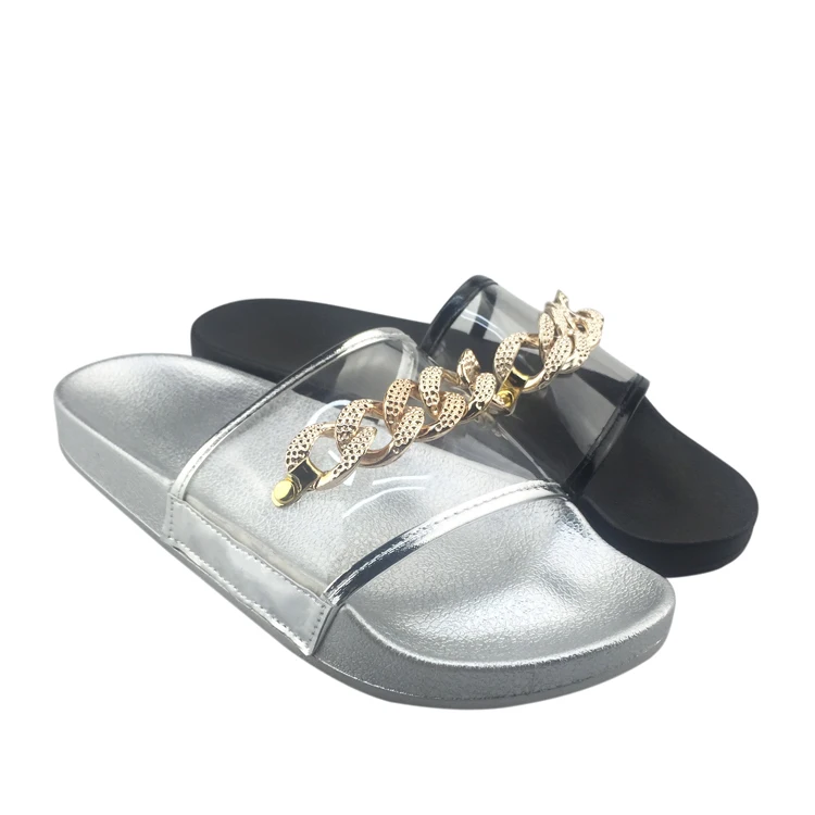 

transparent flat fashion slipper women sandals slides, Black/silver