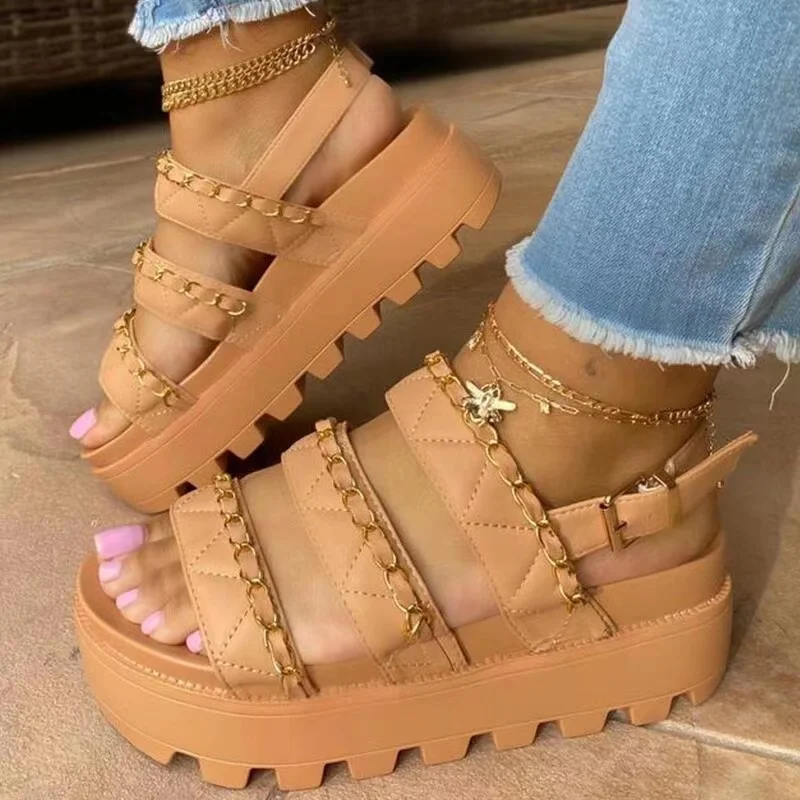 

Summer Roman Sandals Open Toe Chain Sandals Outdoor Solid Color Mid Heel Women's Shoes Fashion Buckle Plus Size 43, As picture