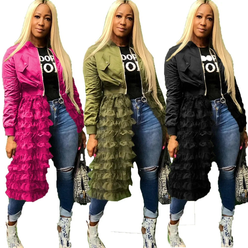 

Women casual new fashion zipper solid color jacket mesh lace skirt coat