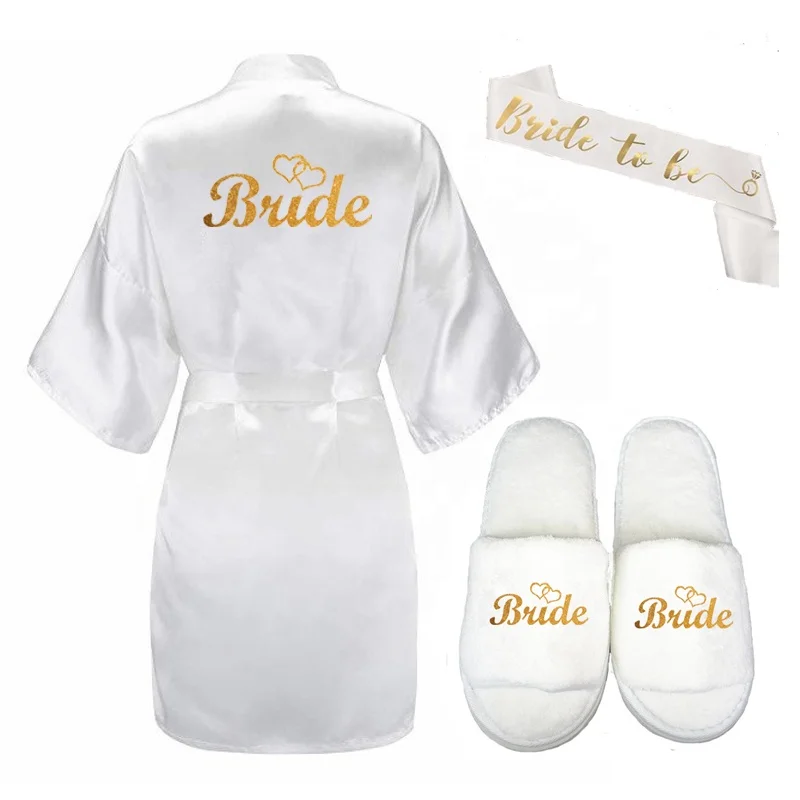 

3pc set of glitter gold bride satin short bride robe slippers bridal sash peignoir rose gold women Bridal Party 2019 kimono robe