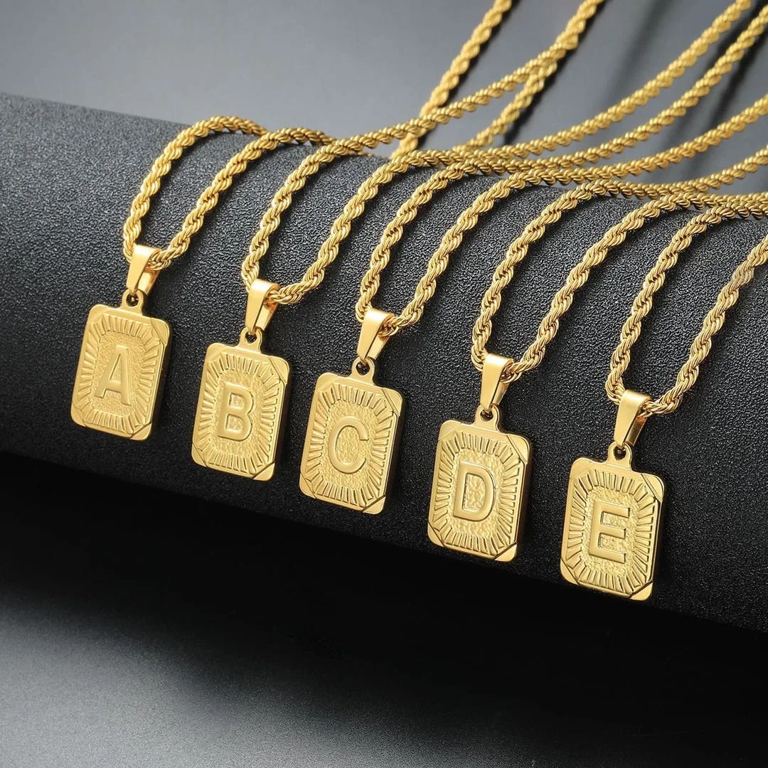 

Cuban stainless steel hip-hop necklace with initials letter square pendant necklace