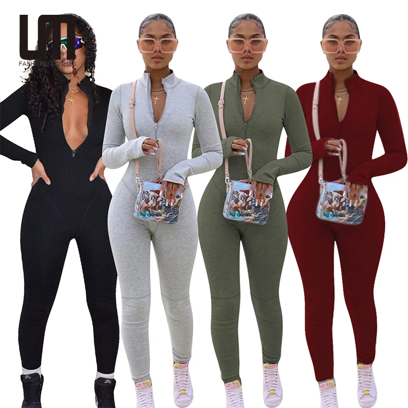 

Liu Ming Women Casual Streetwear Solid Color Fleece Long Sleeve Zip Stand Collar Skinny Plus Size Jumpsuits, Customized color