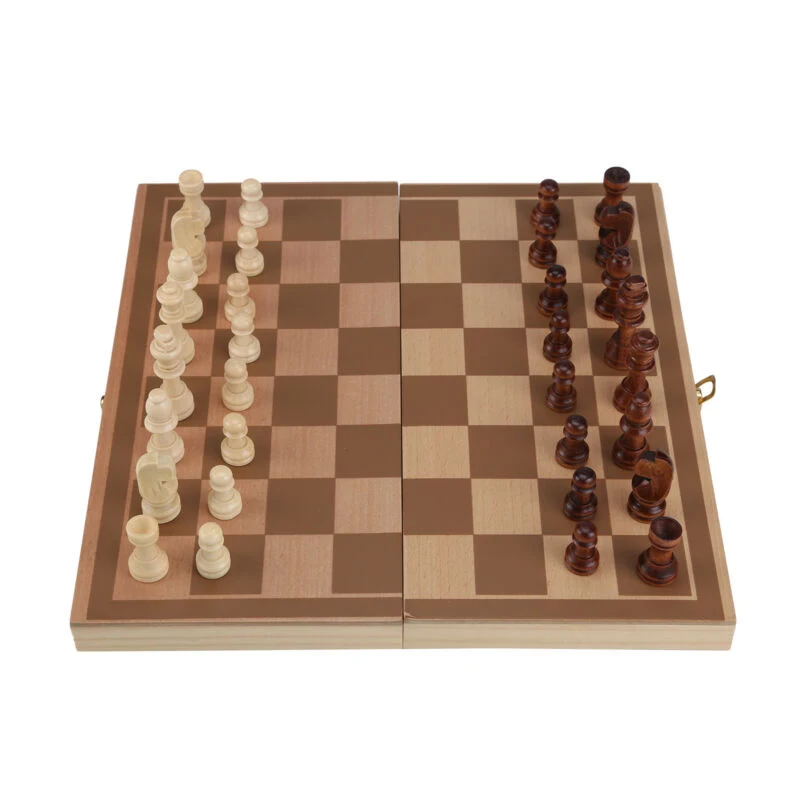 

Folding Wooden Chess Set Standard Chess Set Board Game Checkers Backgammon Toy Gift, As show