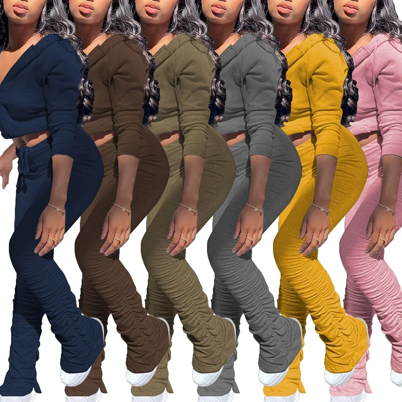 

2020 Fall Winter Clothing Solid Crop Top Stacked Pants Outfits Women Clothing Joggers Stacked Sweat Pants Two 2 Piece Set