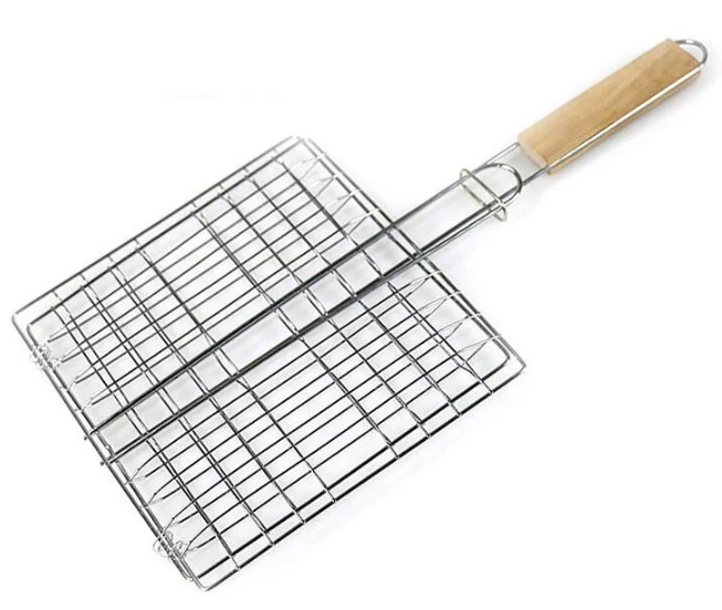 

Hot sale grill basket Foldable Grilling Mesh Wire Basket with Wooden Handle