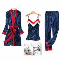 

Golden Velvet Winter Pajamas For Women 2019 Autumn Winter Warm Women Pajamas 3 Sets Sexy Pijama Sleepwear
