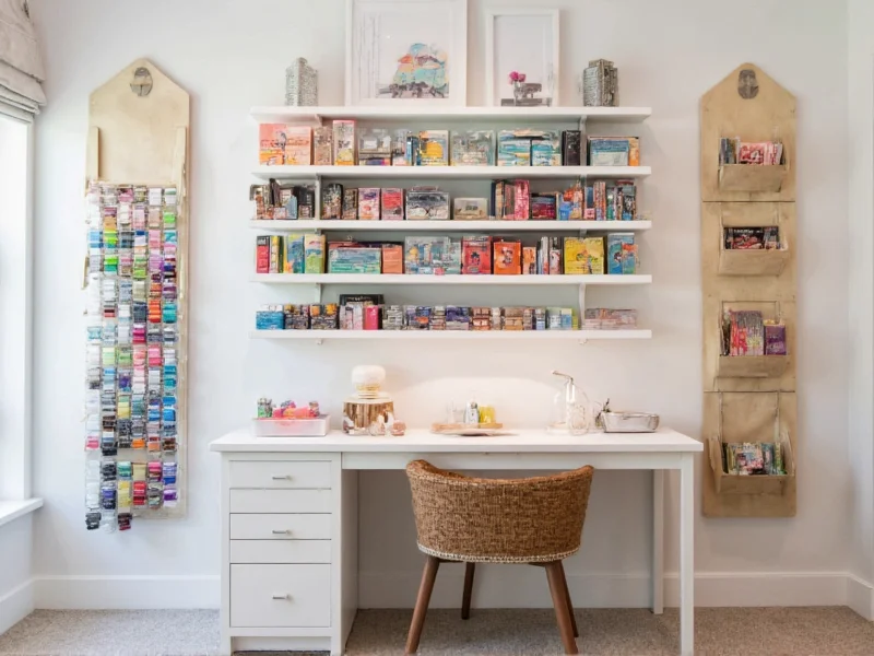 Small craft room showing vertical storage solutions around craft table