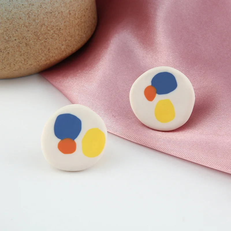 

JUHUS925 Japanese and Korean soft earring palette retro oil painting Hong Kong style fun girls earring earclip clay temperament, Colorful