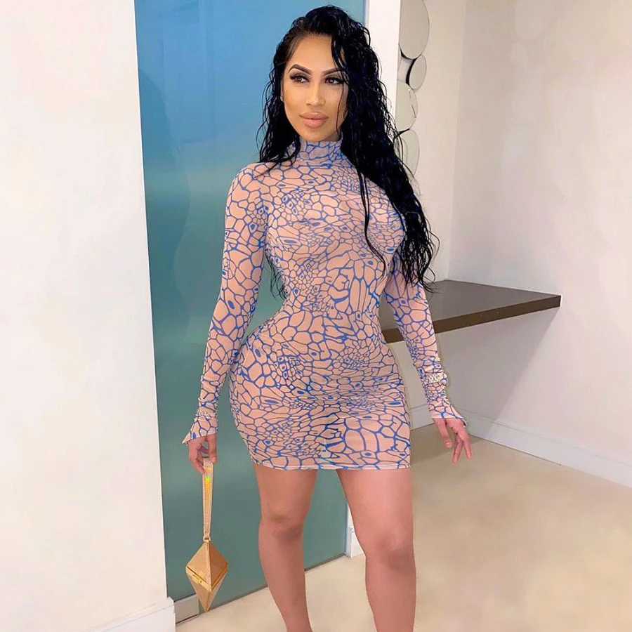 

Kliou K20D09955 2021 New Arrivals Pattern Print Mesh See Through Turtlneck Sexy Casual Dresses Women