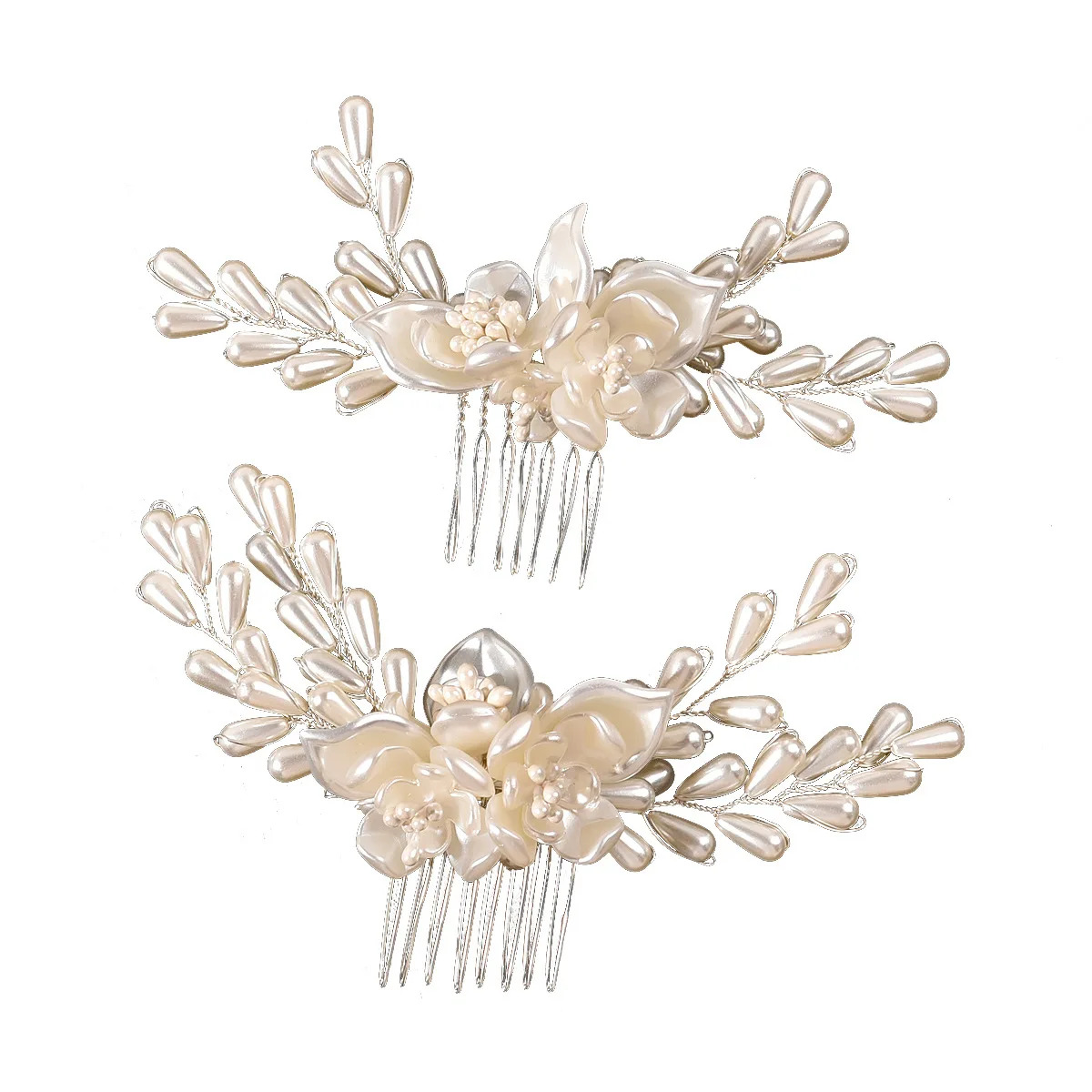 

Luxury Women Fashion Headpieces White Pearl Floral Flower Handmade Bridal Hair Combs Head Accessories Wedding Jewelry, Gold silver color