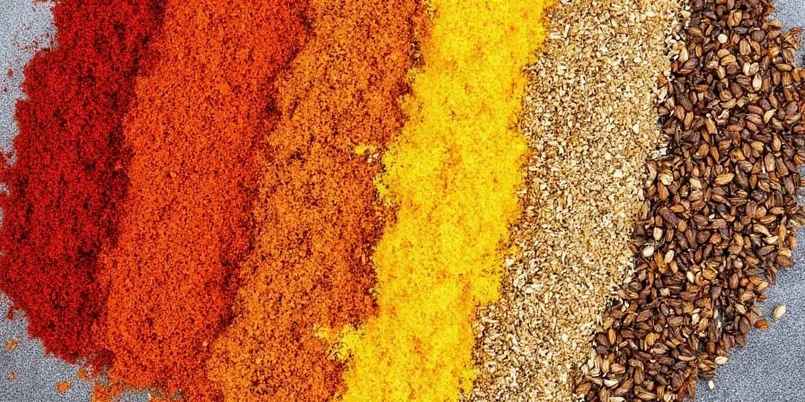 Homemade spice jars on a rustic kitchen counter