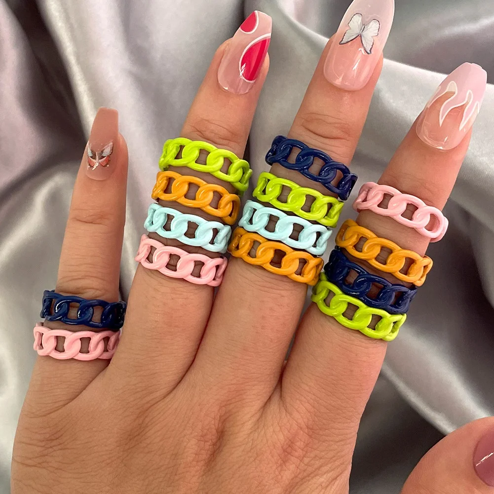

2021 Summer Candy Chunky Chain Link Dripping Oil Painting Ring Geometric Hyperbole Irregular Hollow Enamel Open Rings Women