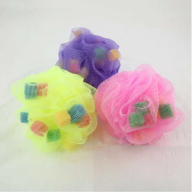

Wholesale custom natural exfoliating body foam bath puff shower sponge flower for kids, Red,yellow,blue,green or customized
