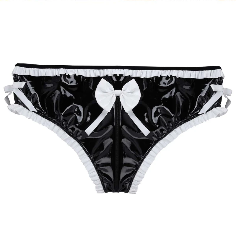 IEFIEL Womens Shiny Latex Underwear O Ring Zipper Crotch Low Waist Briefs  Lingerie Black XL 