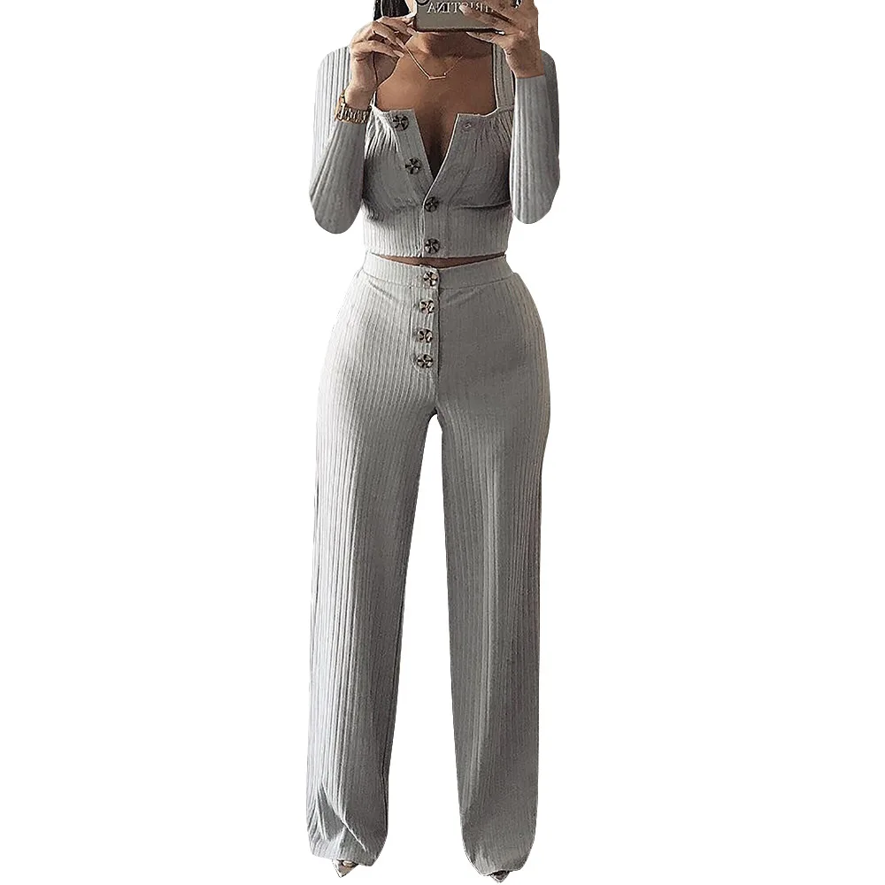 

Bodycon 2 Piece Long Sleeve Sexy Crop Top and Pant Sets Square Collar Knitted Fabric Casual Ladies Suit Office Workwear K2525