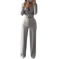 

Bodycon 2 Piece Long Sleeve Sexy Crop Top and Pant Sets Square Collar Knitted Fabric Casual Ladies Suit Office Workwear K2525