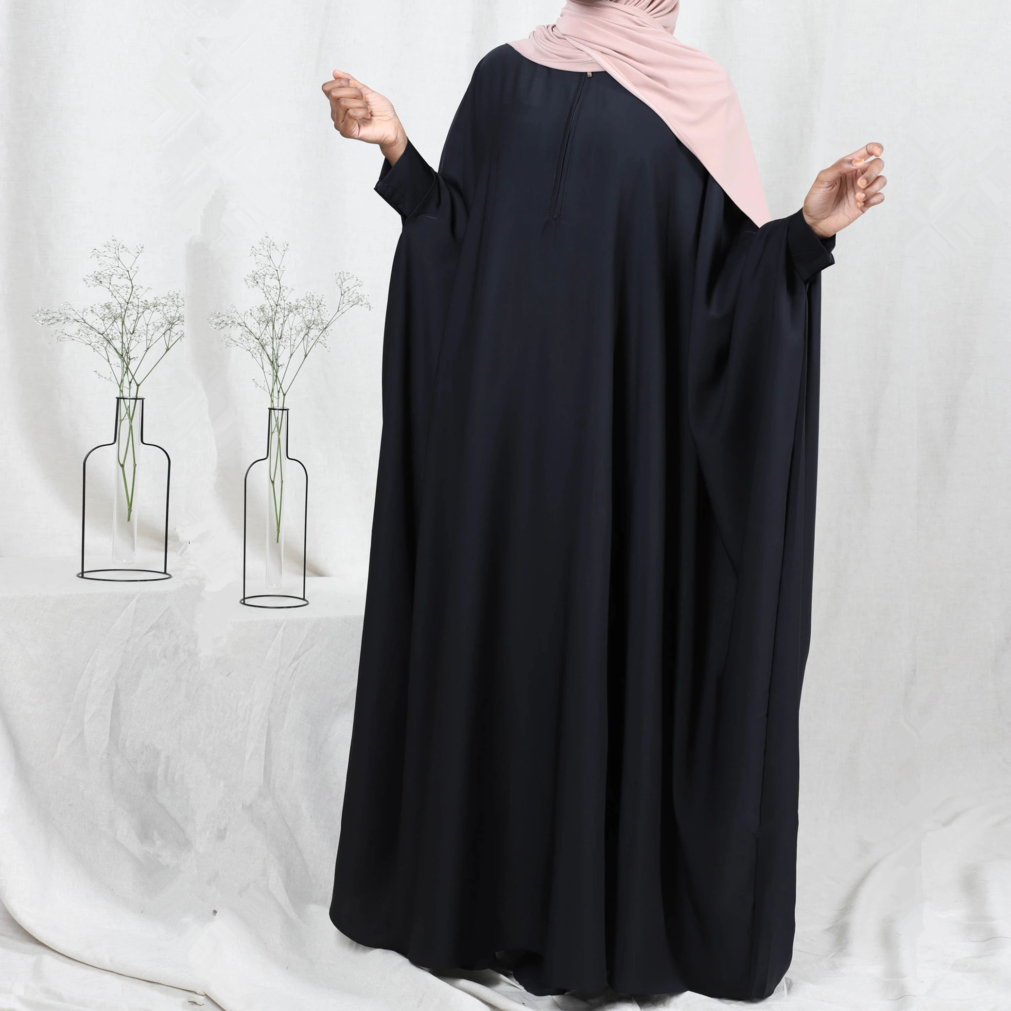 

Wholesale Muslim Woman khimar one Piece Jilbab Abaya Islamic Clothing Solid Color Zipper Prayer Khimar Bat sleeve Robe, 13 colors