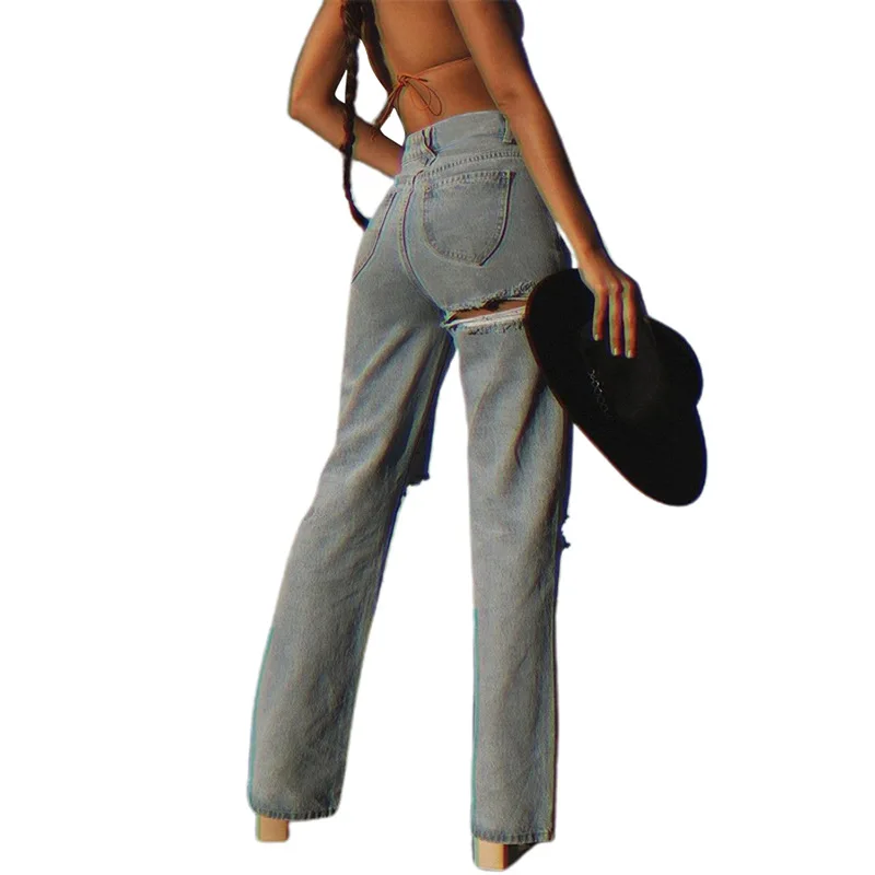 

Trousers For Ladies Blue Washed High Waist Ripped Holes Straight Leg Denim Trousers Woman Jeans Street Party Vacation Cotton