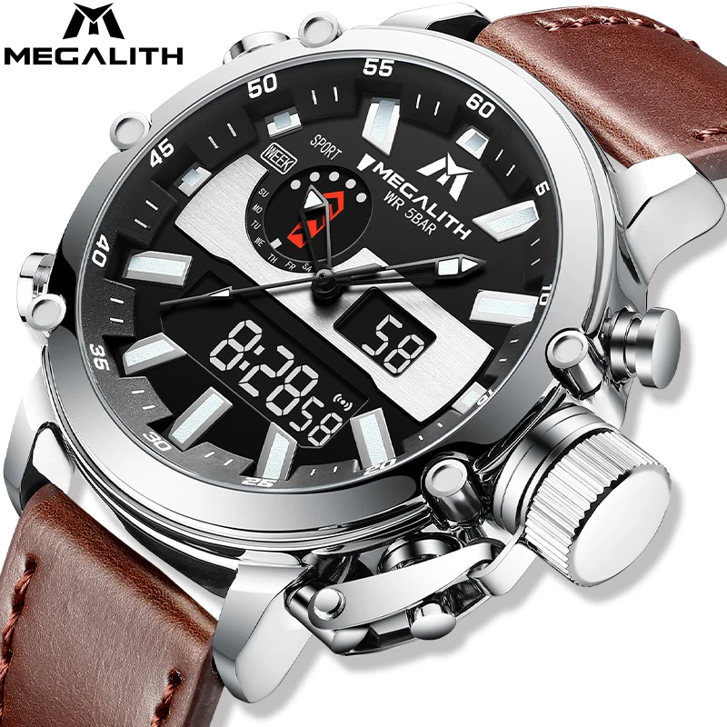 

MEGALITH Men Multifunction Sport Chronograph Quartz Clock Herrenuhr Dual Display Waterproof Date Luminous Wrist Men Watches