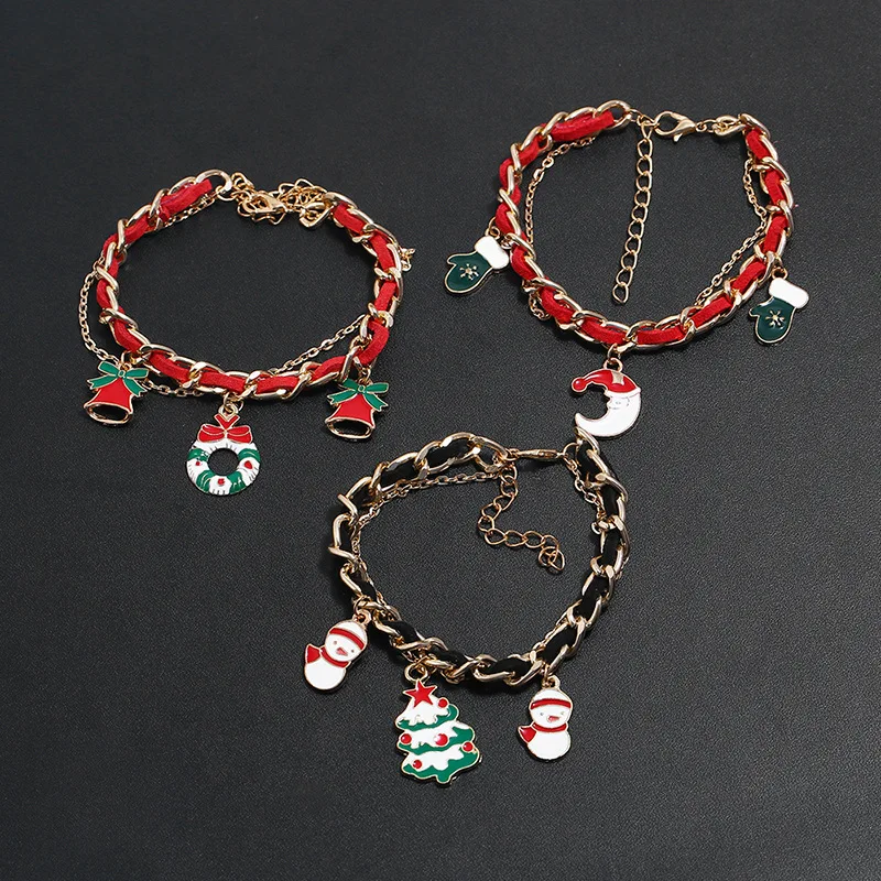 

Best Selling Colorful Oil Drip Christmas Tree Charm Bracelets Multi Layer Santa Claus Link Chain Bracelets For Christmas Gift