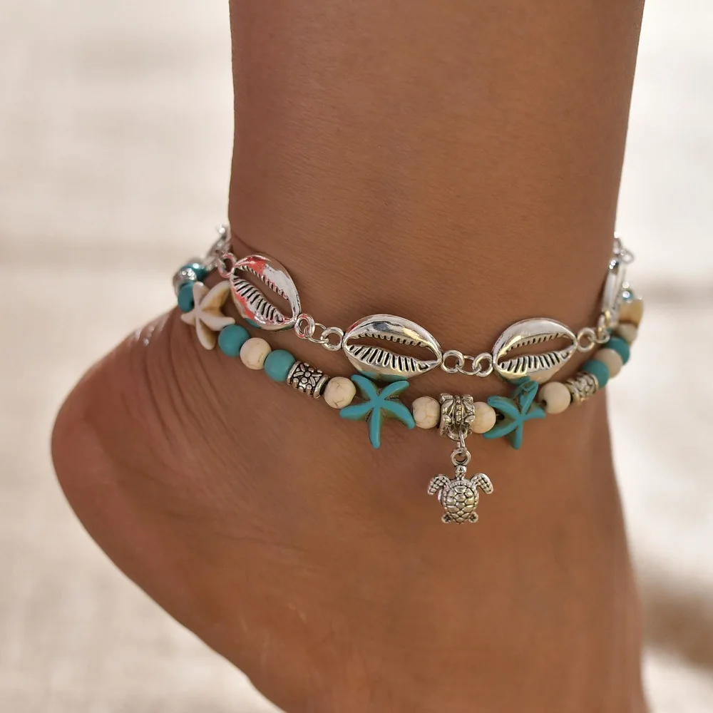 

Ruigang Turtle Charms Conch Ankle Star Fish Bohemian Leg Bracelet Hade Made Turquoise Anklets