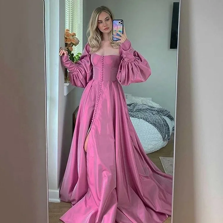 

Sweetheart Puff Sleeves High Slit Vestido de Formatura Evening Dresses Elegant Pink Prom Dresses Long Party Wear Gowns For Women