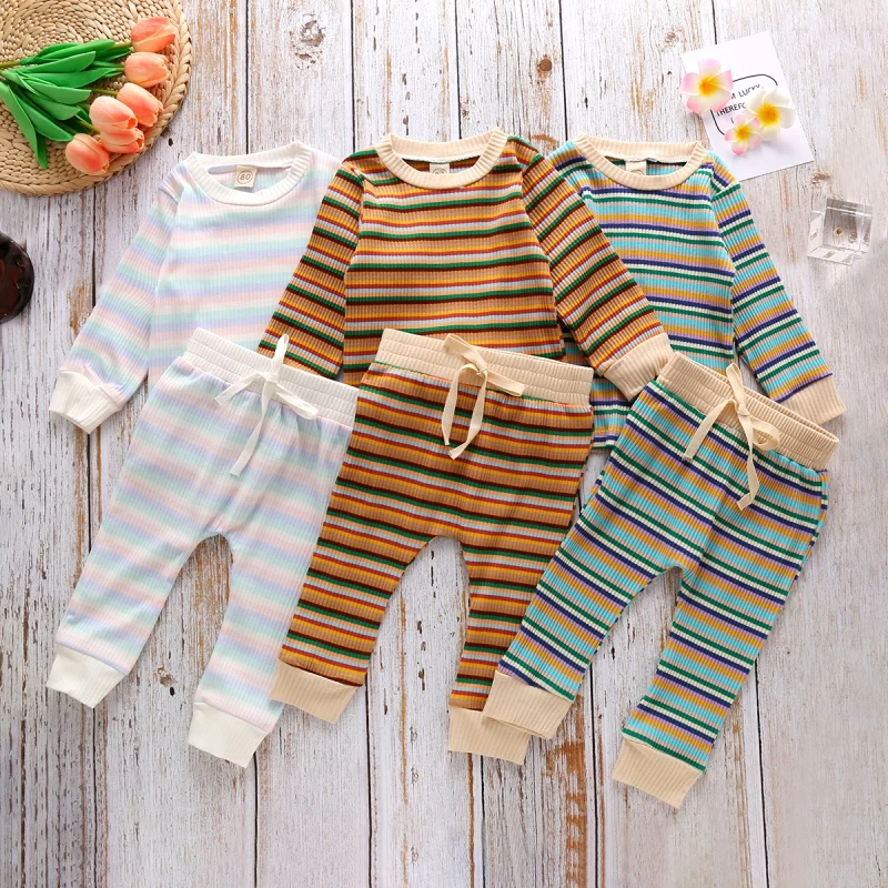 

Spring Autumn baby Girl boys' clothing sets Stripe Long sleeve Ribbed Cotton Trousers Two-piece Suit clothes, Photo showed and customized color